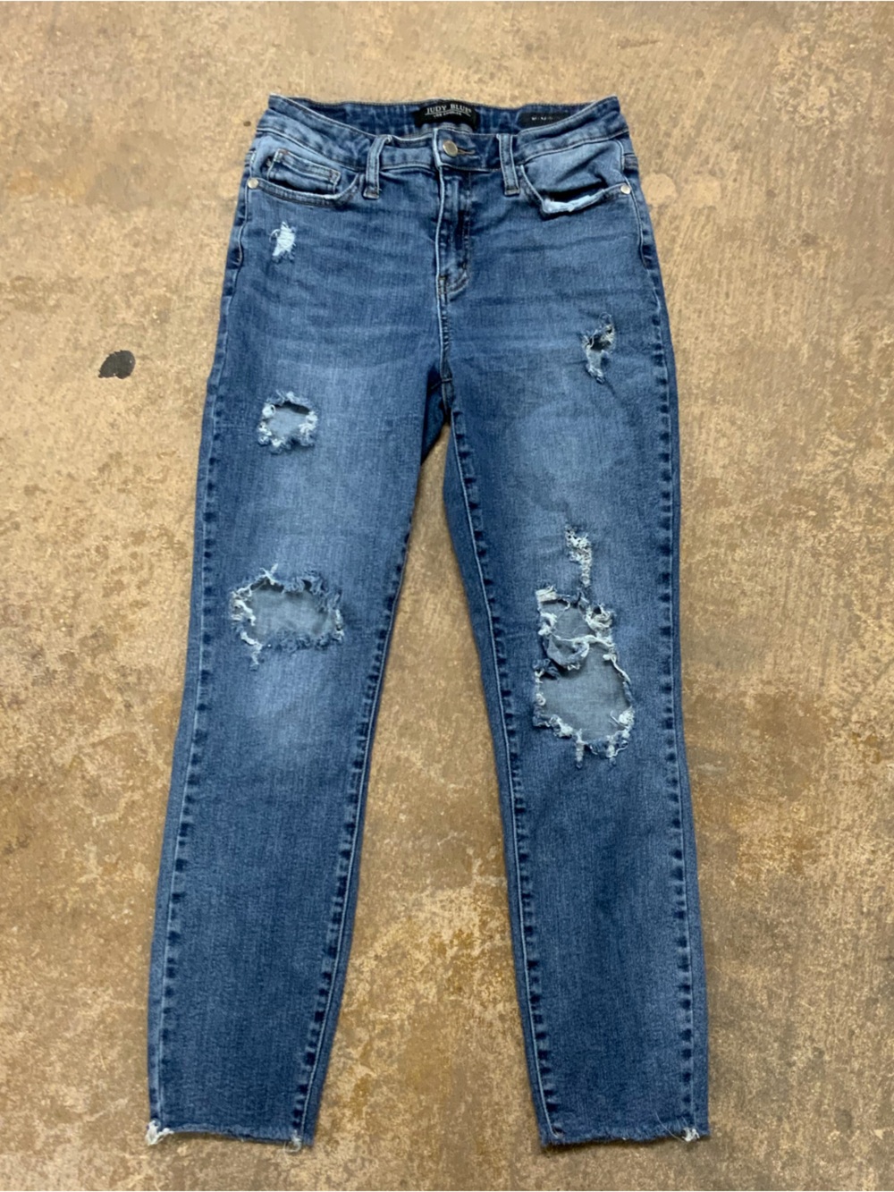 Judy Blue Women’s Distressed Denim Blue Jeans - Classic Mid Wash Relaxed Fit obo